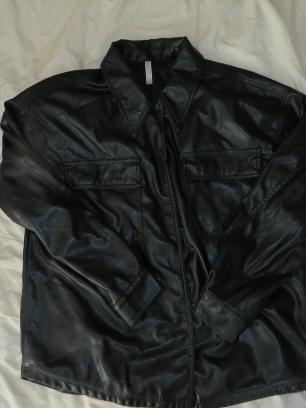 Fabletics Oversized Black Faux Leather Jacket with Chest Flaps